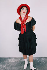 midi length black off the shoulder tiered dress vintage 1980's