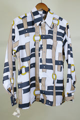 Women's or men's western style vintage 1970's Spire California label long sleeve white polyester button up collared shirt with an all over brown, yellow, and grey belt print.