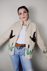 vintage 1960's long sleeve off white cream wool zip up cowichan cardigan sweater with ducks embroidered pattern
