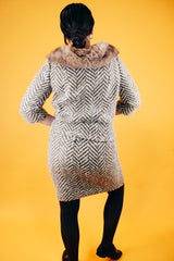 wool chevron striped olive green and cream jacket and pencil skirt set jacket has fur trim vintage 1960's