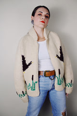 vintage 1960's long sleeve off white cream wool zip up cowichan cardigan sweater with ducks embroidered pattern