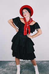 midi length black off the shoulder tiered dress vintage 1980's