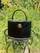 black patent leather box purse with gold hardware 1950's vintage