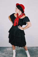 midi length black off the shoulder tiered dress vintage 1980's