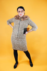 wool chevron striped olive green and cream jacket and pencil skirt set jacket has fur trim vintage 1960's