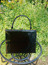 black patent leather box purse with gold hardware 1950's vintage