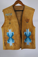 Women's or men's western style vintage 1970's sleeveless brown tan colored suede vest with all over teal colored hand painting.