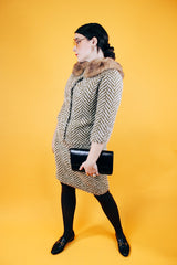 wool chevron striped olive green and cream jacket and pencil skirt set jacket has fur trim vintage 1960's