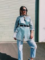 blue satin quilted robe jacket mandarin collar and cuffed sleeves women's vintage 1940's