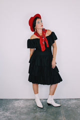 midi length black off the shoulder tiered dress vintage 1980's