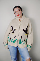 vintage 1960's long sleeve off white cream wool zip up cowichan cardigan sweater with ducks embroidered pattern
