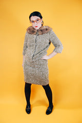 wool chevron striped olive green and cream jacket and pencil skirt set jacket has fur trim vintage 1960's