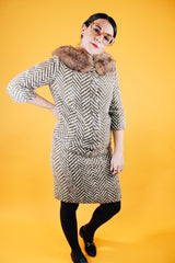 wool chevron striped olive green and cream jacket and pencil skirt set jacket has fur trim vintage 1960's