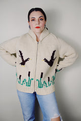 vintage 1960's long sleeve off white cream wool zip up cowichan cardigan sweater with ducks embroidered pattern