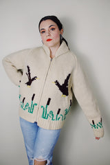 vintage 1960's long sleeve off white cream wool zip up cowichan cardigan sweater with ducks embroidered pattern