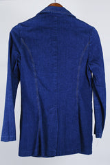 Women's vintage western style 1970's dark wash denim blazer with two wood buttons, two pockets, double lapel in cotton material.