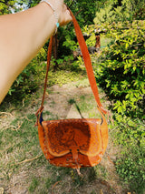 brown leather tooled crossbody purse with horse design vintage