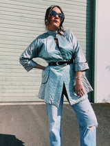 blue satin quilted robe jacket mandarin collar and cuffed sleeves women's vintage 1940's