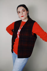 vintage 1990's Cabinwear Made by Banana Republic label sleeveless black and red buffalo plaid print zip up vest in a wool blend material