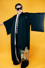 black floor length kimono with embroidered peacock vintage
