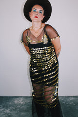 black sheer mesh short sleeve slip dress with gold metallic sequins all over vintage women's