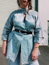 blue satin quilted robe jacket mandarin collar and cuffed sleeves women's vintage 1940's