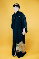 black floor length kimono with embroidered peacock vintage