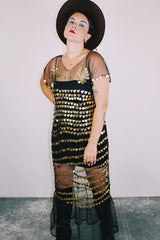 black sheer mesh short sleeve slip dress with gold metallic sequins all over vintage women's