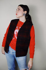 vintage 1990's Cabinwear Made by Banana Republic label sleeveless black and red buffalo plaid print zip up vest in a wool blend material