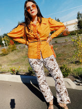 brown and white floral printed pants vintage 1970's women's