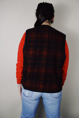 vintage 1990's Cabinwear Made by Banana Republic label sleeveless black and red buffalo plaid print zip up vest in a wool blend material