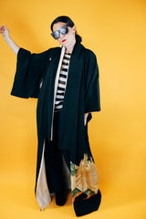 black floor length kimono with embroidered peacock vintage