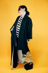 black floor length kimono with embroidered peacock vintage