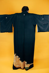 black floor length kimono with embroidered peacock vintage