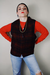 vintage 1990's Cabinwear Made by Banana Republic label sleeveless black and red buffalo plaid print zip up vest in a wool blend material