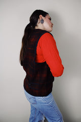 vintage 1990's Cabinwear Made by Banana Republic label sleeveless black and red buffalo plaid print zip up vest in a wool blend material