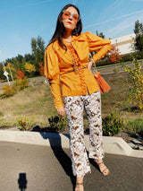 brown and white floral printed pants vintage 1970's women's