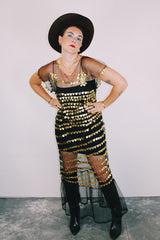 black sheer mesh short sleeve slip dress with gold metallic sequins all over vintage women's