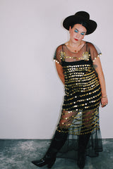 black sheer mesh short sleeve slip dress with gold metallic sequins all over vintage women's