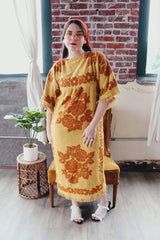 Women's vintage 1970's Fashion Manor, Decorator Collection label short sleeve ankle length dress in a mustard yellow and brown floral print cotton towel material.