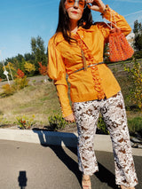 brown and white floral printed pants vintage 1970's women's