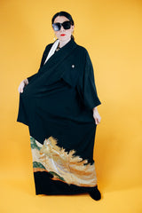 black floor length kimono with embroidered peacock vintage