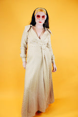 floor length long sleeve cream and gold metallic striped dress with v neck and collar vintage 1960's