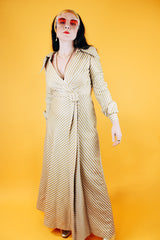 floor length long sleeve cream and gold metallic striped dress with v neck and collar vintage 1960's