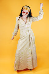 floor length long sleeve cream and gold metallic striped dress with v neck and collar vintage 1960's