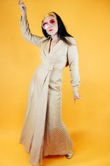 floor length long sleeve cream and gold metallic striped dress with v neck and collar vintage 1960's
