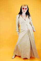 floor length long sleeve cream and gold metallic striped dress with v neck and collar vintage 1960's