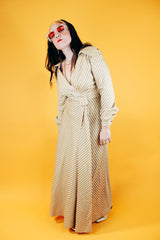 floor length long sleeve cream and gold metallic striped dress with v neck and collar vintage 1960's