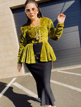 long sleeve crushed green velvet double breasted top with long peplum hem women's vintage