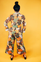 long sleeve quilted jumpsuit with eyelet trim vintage women's 1970's